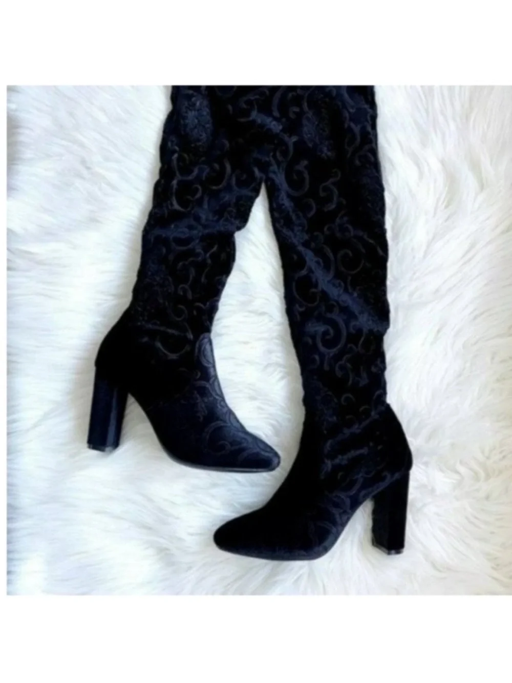 Black embroidered over the knee boots chunky block heel velvet